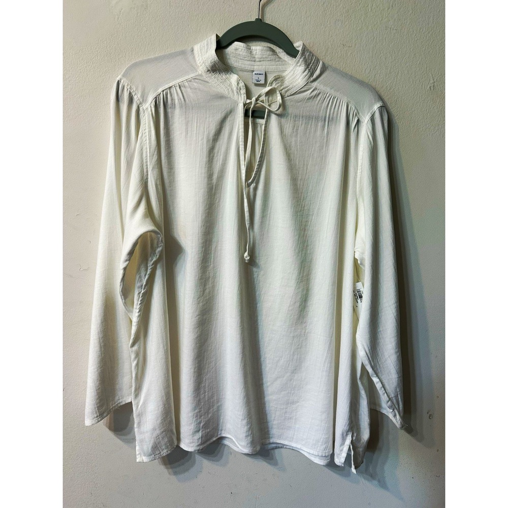 Old Navy Women Large White Tie Neck Peasant Blouse Long Sleeve Boho Cotton Blend